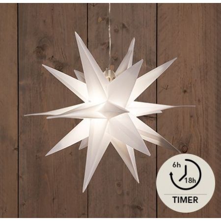 B.O.T. 3D STAR WHITE 35CM / 10LED WARMWEISS / 1,5M TRANSPARENTES STARTKABEL / 3XAA MIT 6/18H TIMER IP44