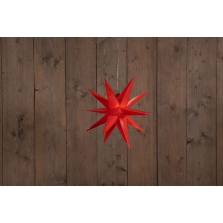 B.O.T. 3D STAR ROT 35CM / 10LED WARMWEISS / 1,5M TRANSPARENTES KABEL / 3XAA MIT 6/18H TIMER IP44