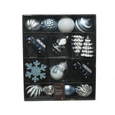 Ornament Mix 25 Stück blau-weiß-silber