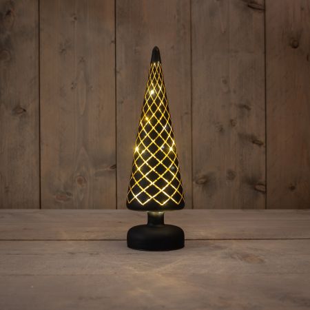 KERSTBOOMPJE GLAS GOUDEN BINNENKANT MET DIAMANT PATROON 10LED WARM WIT OP BATTERIJ MET TIMER 30X9CM MAT ZWART