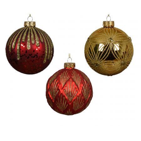 Kerstbal glas 3ass rood/goud dia10cm