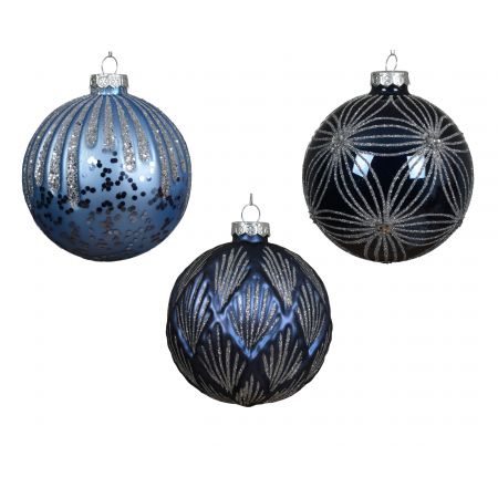 Kerstbal glas 3ass blauw/kleur(en) dia10cm