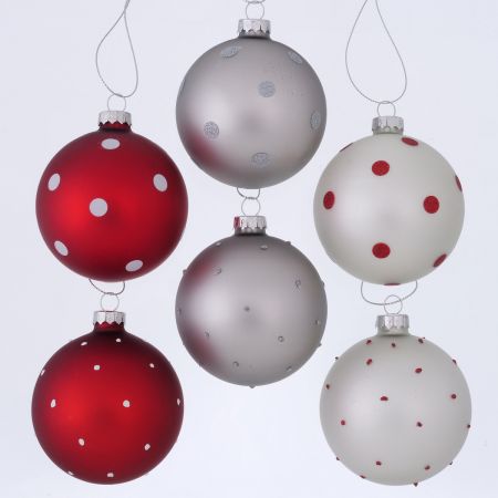 Weihnachtskugel Clara, 6-sortiert Thekenauslage, D 8 cm, glänzend lackiert, Gepunktet, Mehrfarbig, Rundum-Druck