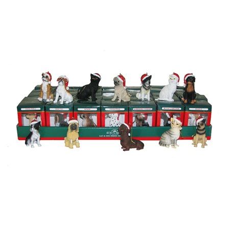 2.5"RES CAT & DOG W/SANTA HAT ORNS