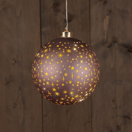 B.O.T. GLASKUGEL MATTBRONZE MIT STERNEN 15CM /LED WARMWEISS 2XAAA MIT TIMER