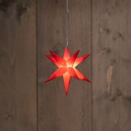 B.O.T. 3D STAR ROT 12CM / 1LED WARMWEISS / 1,5M TRANSPARENTES NETZKABEL / 3XAA MIT 6/18H TIMER