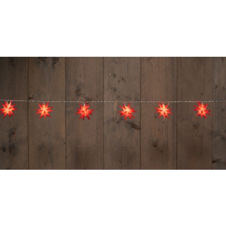 10 stück 3D-STERN ROT 6,5 CM / 10 LED WARMWEISS 1,5 M / 5 M TRANSPARENTES STARTKABEL / IP44-TRANSFORMATOR MIT 8/16-STUNDEN-TIMER