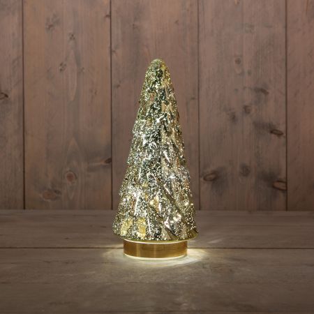 KERSTBOOMPJE GLAS 10LED OP BATTERIJ MET TIMER 28.5X13CM METALLIC GOUD