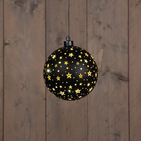 KERSTHANGER BAL GLAS GOUDEN BINNENKANT MET STERREN 12LED WARM WIT OP BATTERIJ MET TIMER D15CM ZWART/GOUD