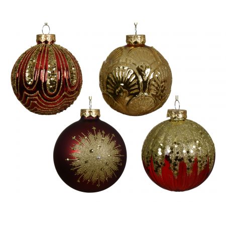 Kerstbal glas 4ass rood/goud dia8cm