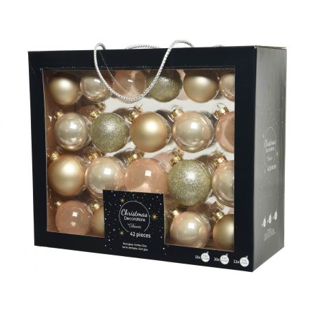 Kerstballen glas shiny,matt,transparent,glitter mix parel dia7cm 42 stuks