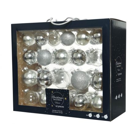 Kerstballen glas shiny,matt,glitter,transparent mix zilver dia7cm 42 stuks