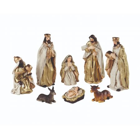 Kerstgroep polyresin maria, joseph, jesus, 3 king, cow donkey 8 figures creme/goud L.5cm x W.4.5cm x H.12.5cm