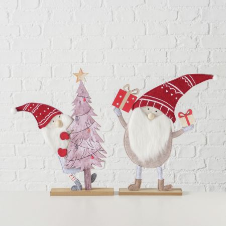 Figur Fiete, 2-sortiert Zwerg, Weihnachtsmann, Weihnachtsbaum, H 48,4 cm, Chinesische rote Kiefer (Pinus massoniana), MDF, Polyesterfilz, Leinen, Polyester, Grau, Rot